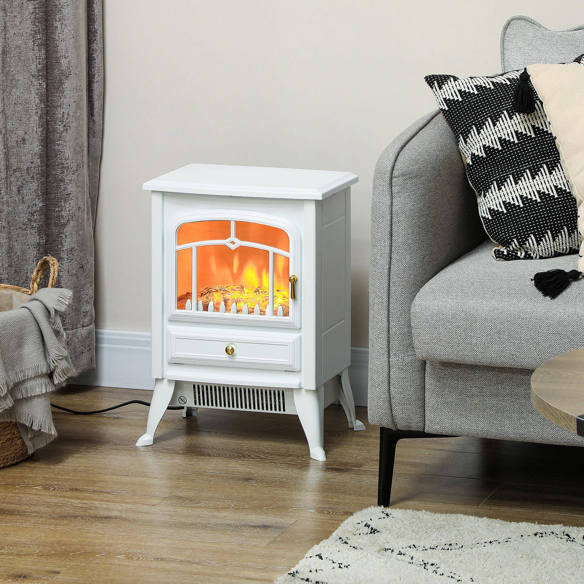 Angle. Resenkos - Fireplace Stove, Electric Fireplace Heater with Realistic LED Flames and Logs, White - White.