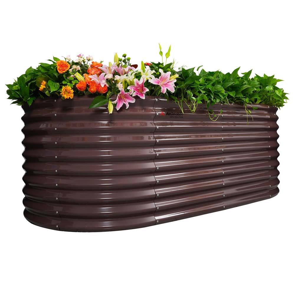 A Anleolife - Brown Metal Oval Raised Garden Bed Planter Box for Planting Vegetables Flowers Herb (96 in. L x 48 in. W x 30 in. H)