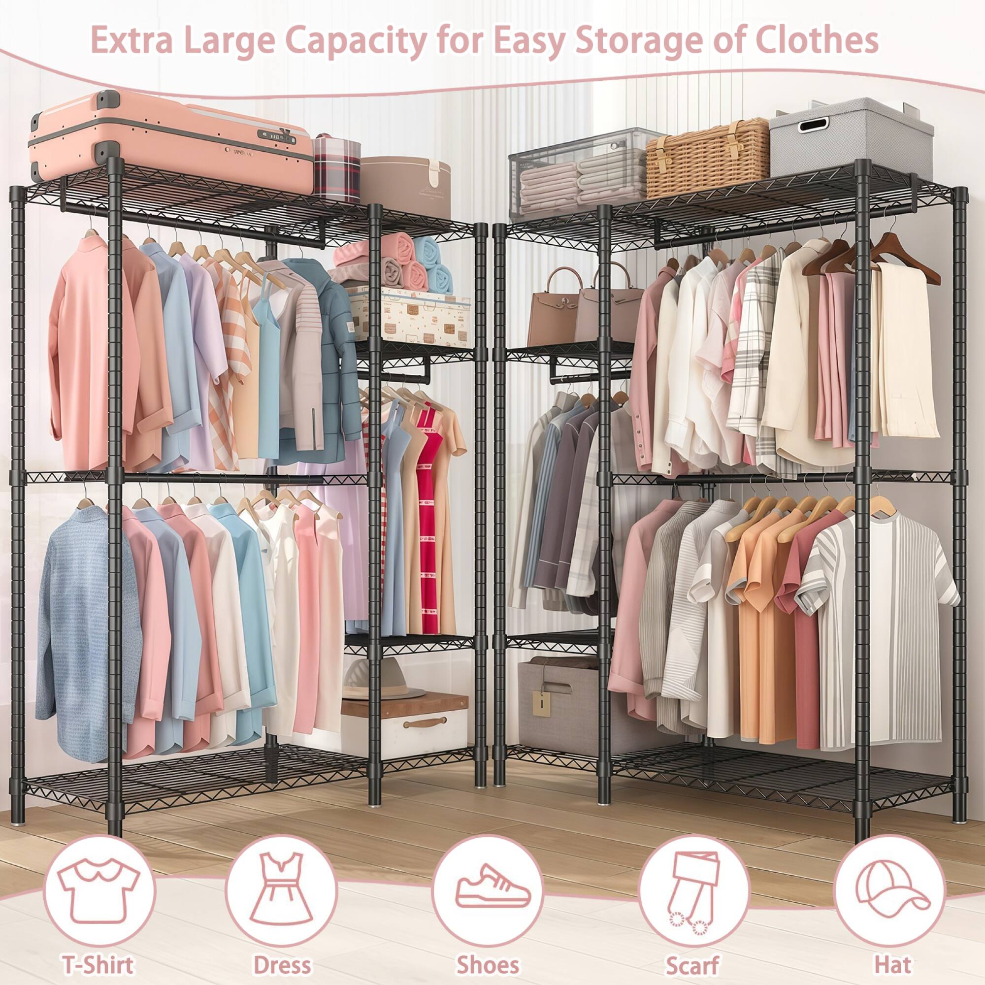 Extra Large Capacity for Easy Storage of Clothes

- T-Shirt
- Dress
- Shoes
- Scarf
- Hat