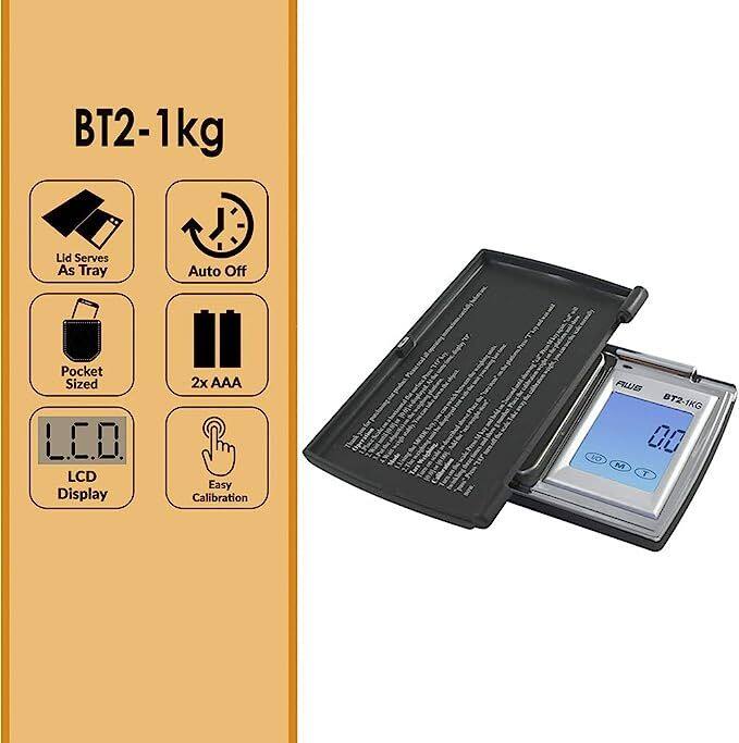 BT2-1kg

- Lid Serves As Tray
- Auto Off
- Pocket Sized
- 2x AAA
- LED LCD Display
- Easy Calibration

AWS BT2-1KG VO 00 M T
