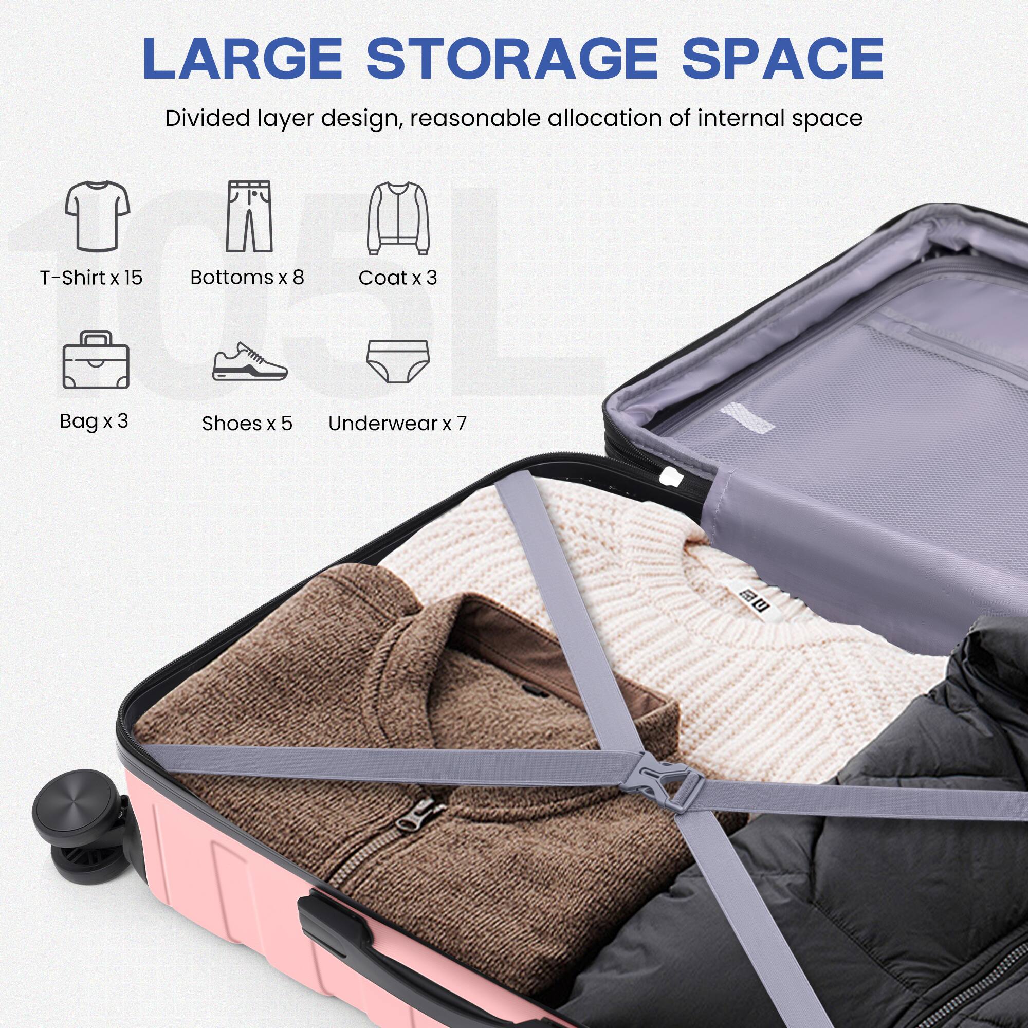 LARGE STORAGE SPACE  
Divided layer design, reasonable allocation of internal space  

- T-Shirt x 15  
- Bottoms x 8  
- Coat x 3  
- Bag x 3  
- Shoes x 5  
- Underwear x 7