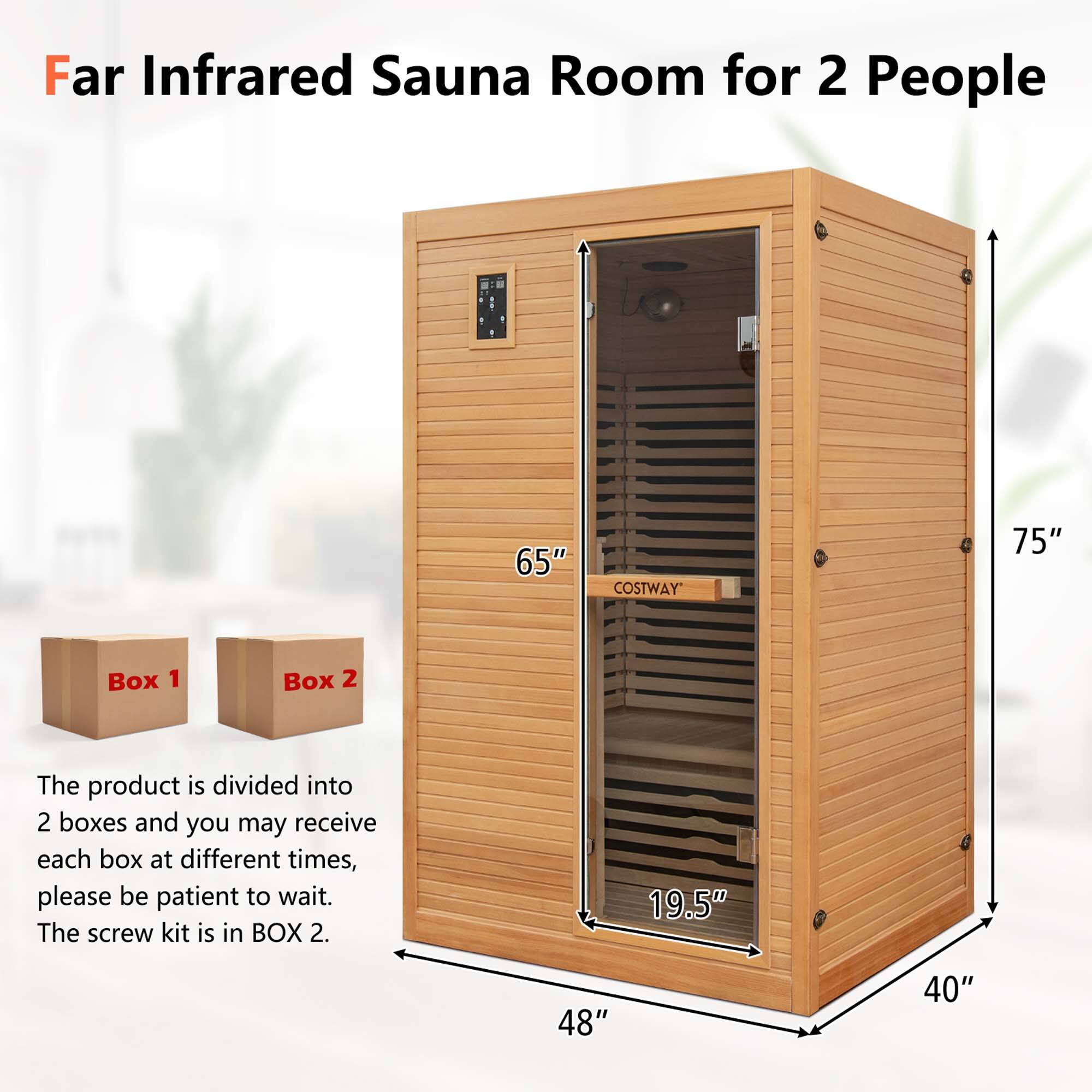 Far Infrared Sauna Room for 2 People 65" COSTWAY 75" Box 1 Box 2 The product is divided into 2 boxes and you may receive each box at different times, please be patient to wait. The screw kit is in BOX 2. 19.5" 48" 40".