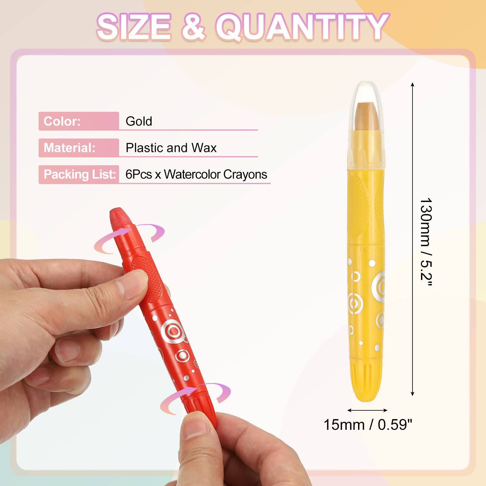 SIZE & QUANTITY

Color: Gold  
Material: Plastic and Wax  
Packing List: 6Pcs x Watercolor Crayons

130mm / 5.2"  
15mm / 0.59"