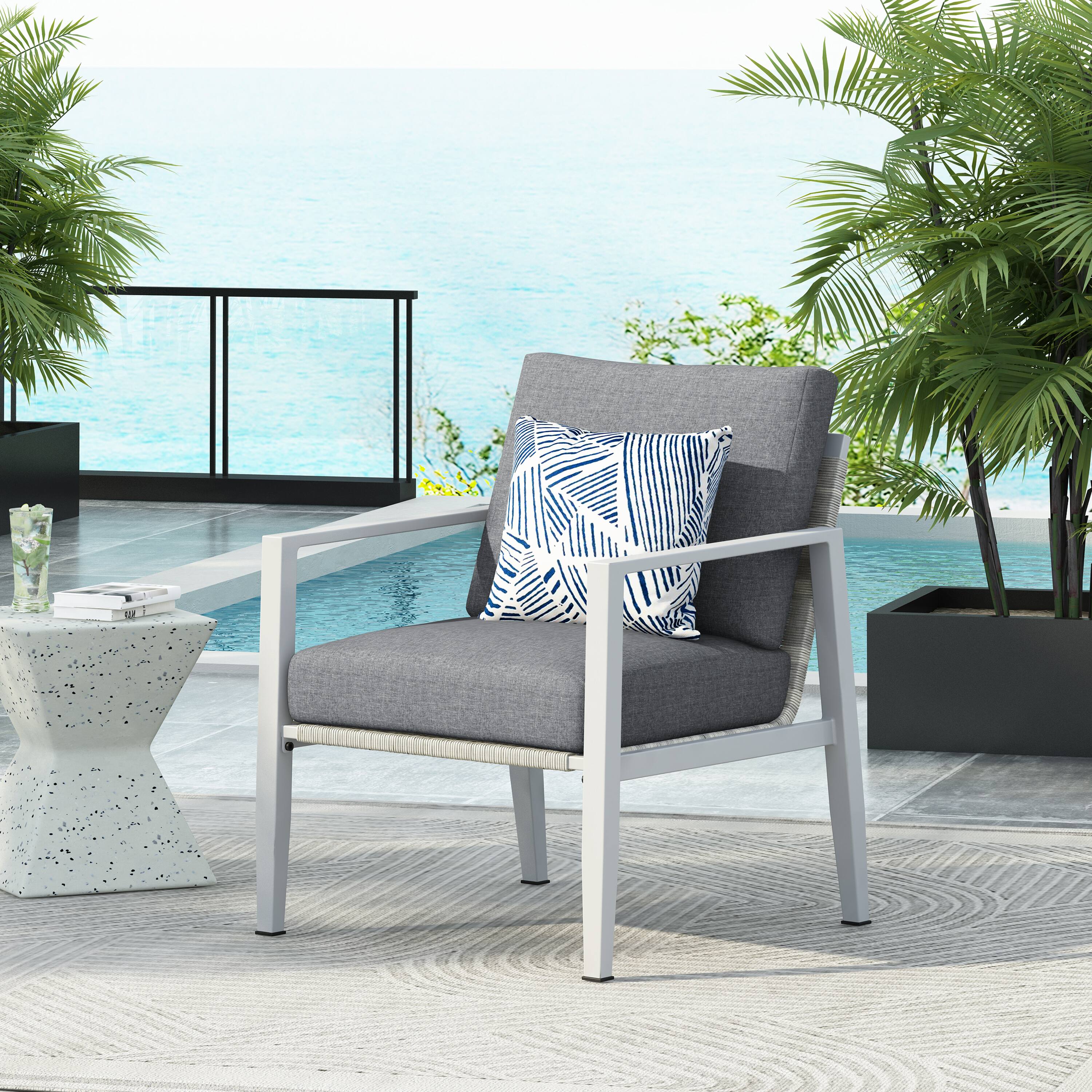 Left. SlickBlue - Modern Rope Accent Lounge Chair – Aluminum Frame with Plush Cushions for Patio - Silver, Grey.