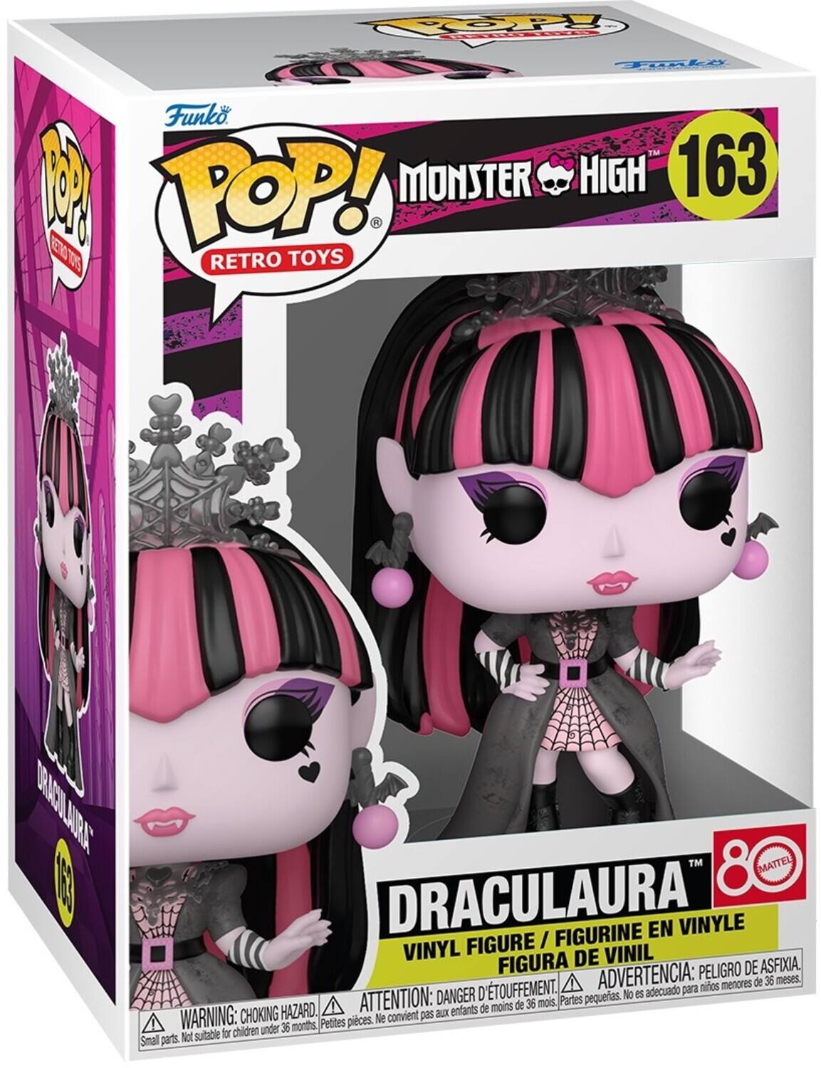 Sure, here is the corrected and grouped text from the image:

---

**Funko POP! RETRO TOYS**

**MONSTER HIGH 163**

**DRACULAURA™**

**VINYL FIGURE / FIGURINE EN VINYLE / FIGURA DE VINIL**

**WARNING: CHOKING HAZARD - Small parts. Not suitable for children under 36 months.**

**ATTENTION: DANGER D'ÉTOUFFEMENT - Petites pièces. Ne convient pas aux enfants de moins de 36 mois.**

**ADVERTENCIA: PEOR DE ASFIXIA - Peligro de asfixia. No es adecuado para niños menores de 36 meses.**

**8+**

**MATTEL**

---