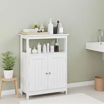 Front. Pefilos - Bathroom Floor Cabinet, Freestanding Storage, Open Compartment Adjustable Shelf - White.