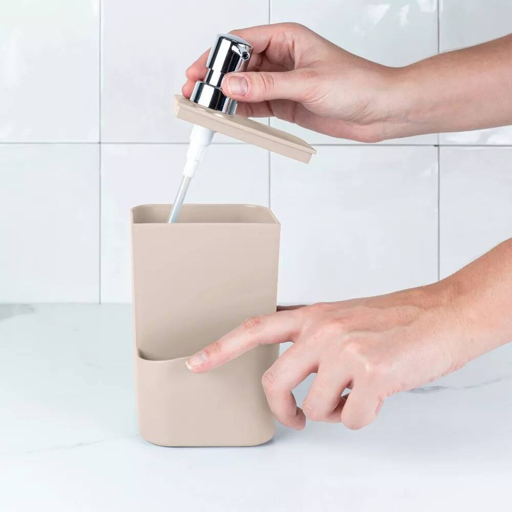 Left. OU - OU 22oz Soap Dispenser with Sponge Holder, Kitchen Soap Pump, Sink Sponge Holder with Drainage - Beige - Beige.