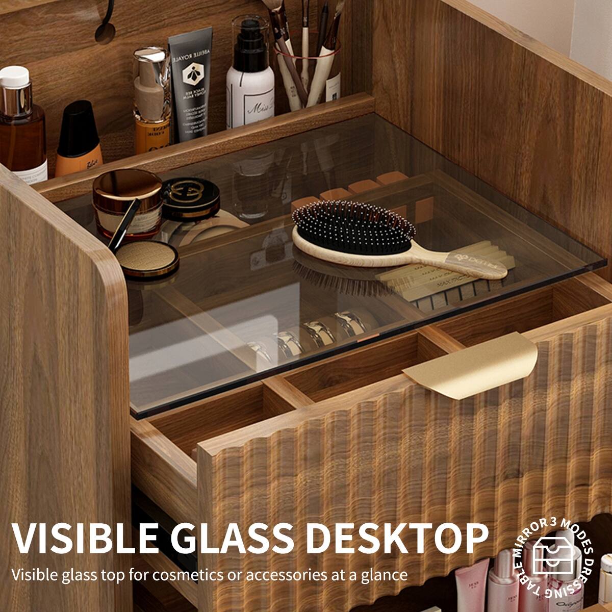 ROYALE ABEILLE  
M FRIE  
Miss  
CODE  

NO MAX FACTU  
3 VISIBLE GLASS DESKTOP MIRROR'S M MODES  
Visible glass top for cosmetics or accessories at a glance  
TABLE DRESSING