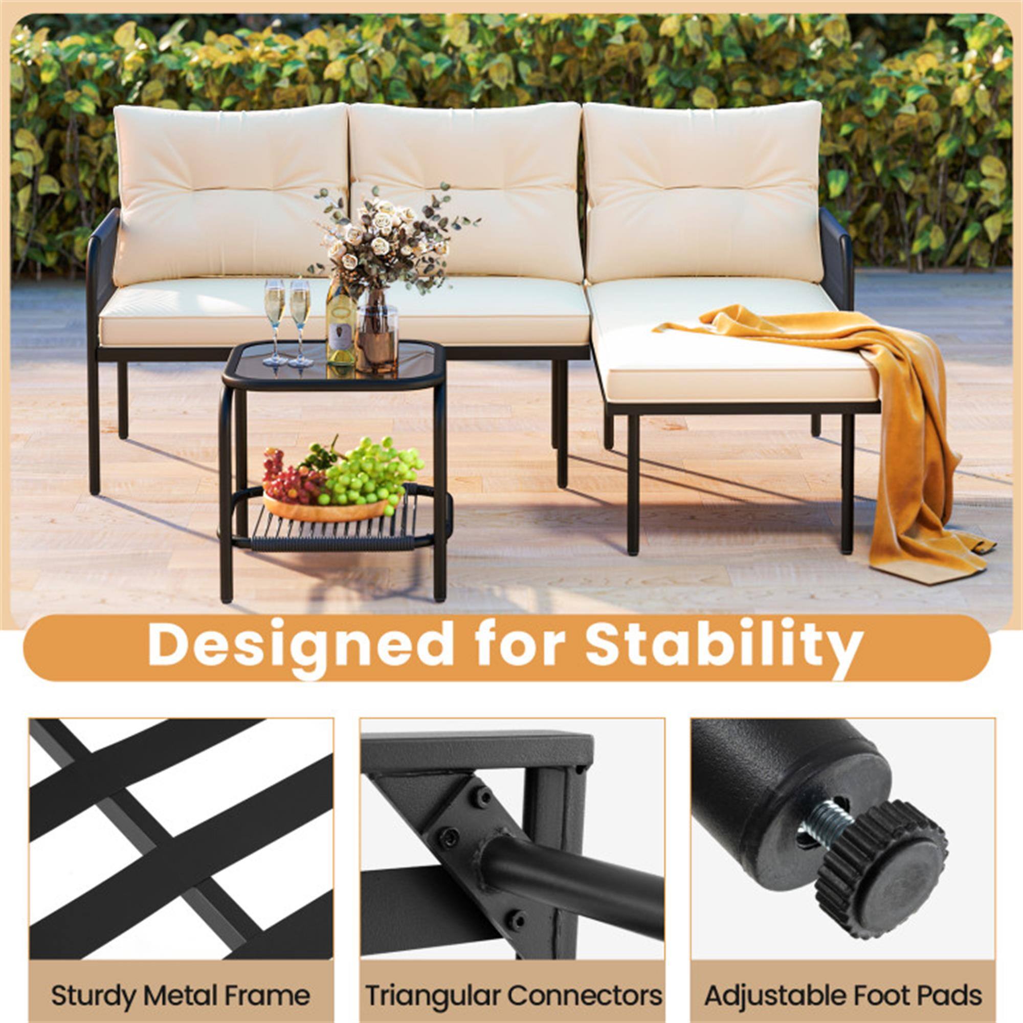 Designed for Stability

Sturdy Metal Frame  
Triangular Connectors  
Adjustable Foot Pads