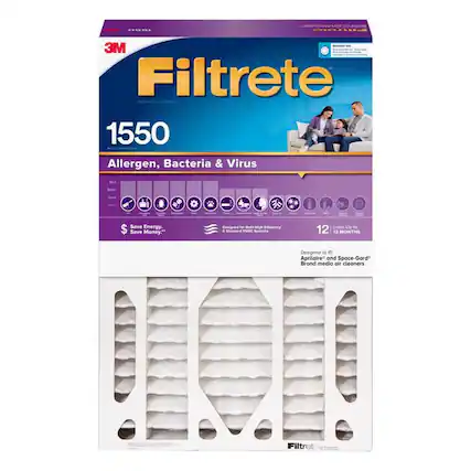REMIND - 3M Filtrete 1550 Allergen, Bacteria & Virus Save Energy. $ Save Money." Designed for High Efficiency Air Standard VRE Bytm Lasts Up to 12 MONTHS Designed to fit Aprilaire" and Space-Gard Brand media air cleaners Filtrete