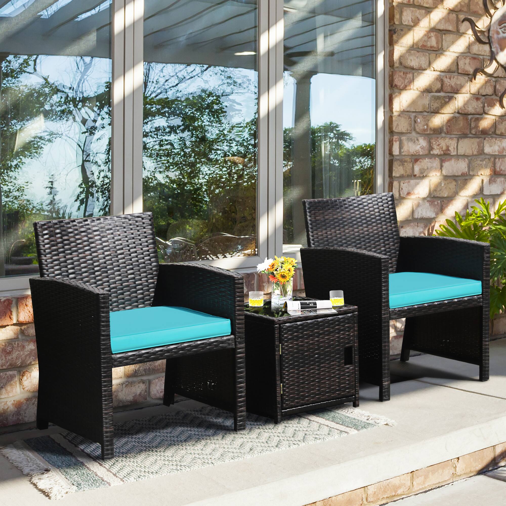 Alt View 3. Costway - 3PCS Patio Wicker Furniture Set Storage Table W/Protect Cover - Turquoise,Mix Brown.