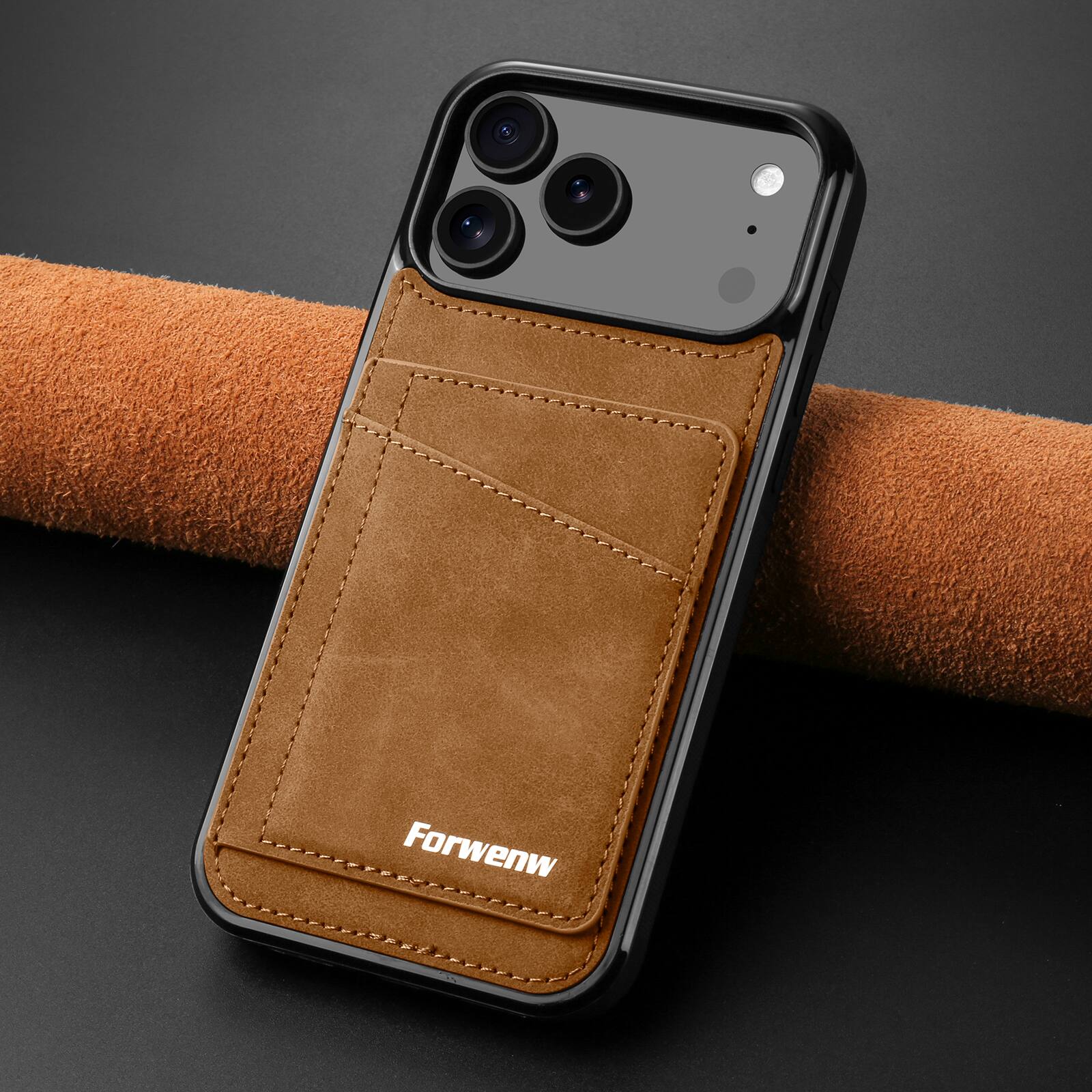 Alt View 1. Dteck - Dteck RFID Blocking Back Wallet Case for iPhone 17 Pro Max, Shockproof PU Leather Kickstand Rugged Cover - Brown.
