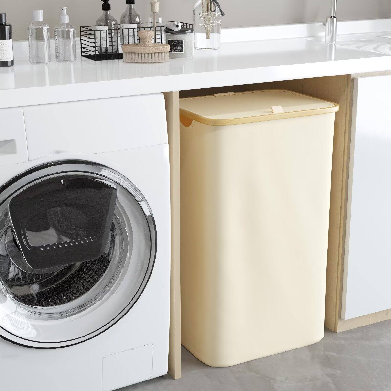 Alt View 1. Tooloton - Large Laundry Hamper with Lid (110L) – Collapsible Tall Clothes Basket with Bamboo Handles, Beige - Beige.