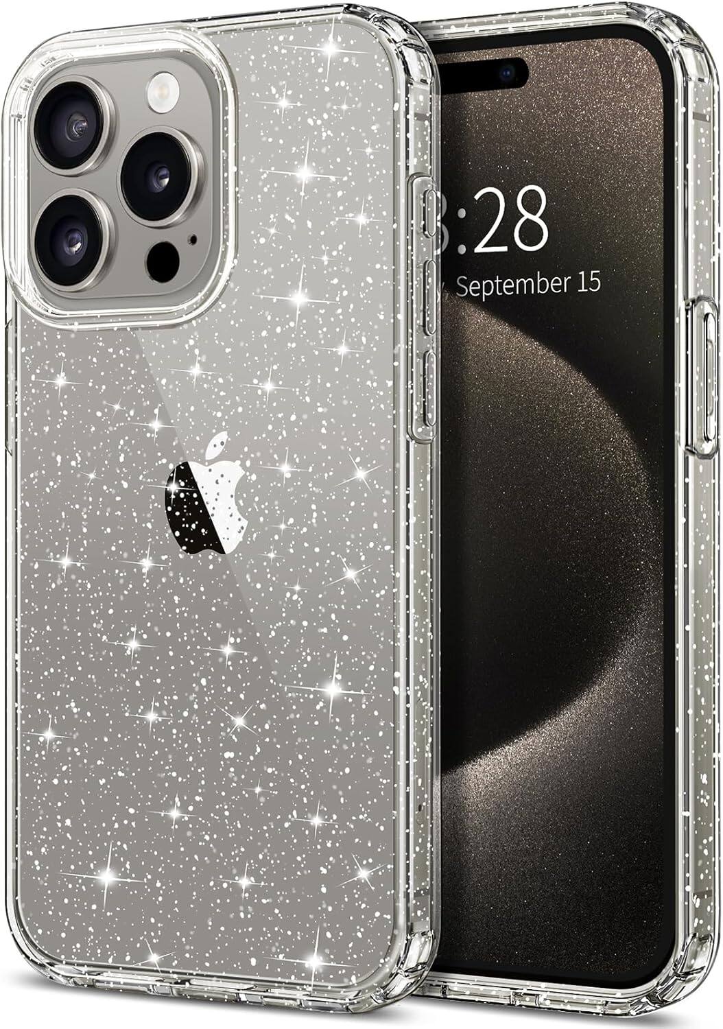Entronix - Case for iPhone 15 Pro Max - Durable Hard Back Protection - Glitter Clear