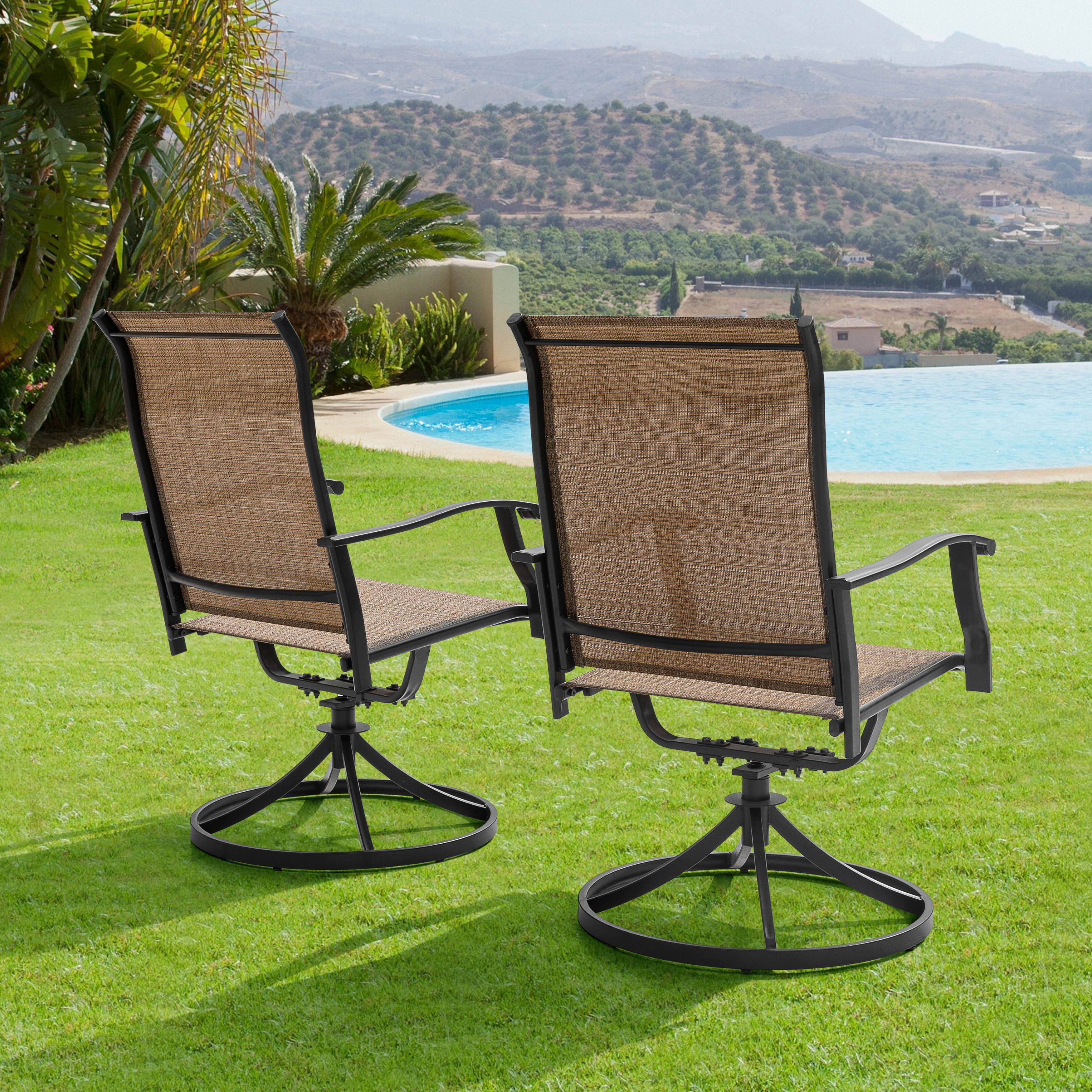 Back. Nuu Garden - Outdoor Patio Swivel Chair Set of 2, Textilene Fabric, Powder-coated Iron Frame - Black and Brown.