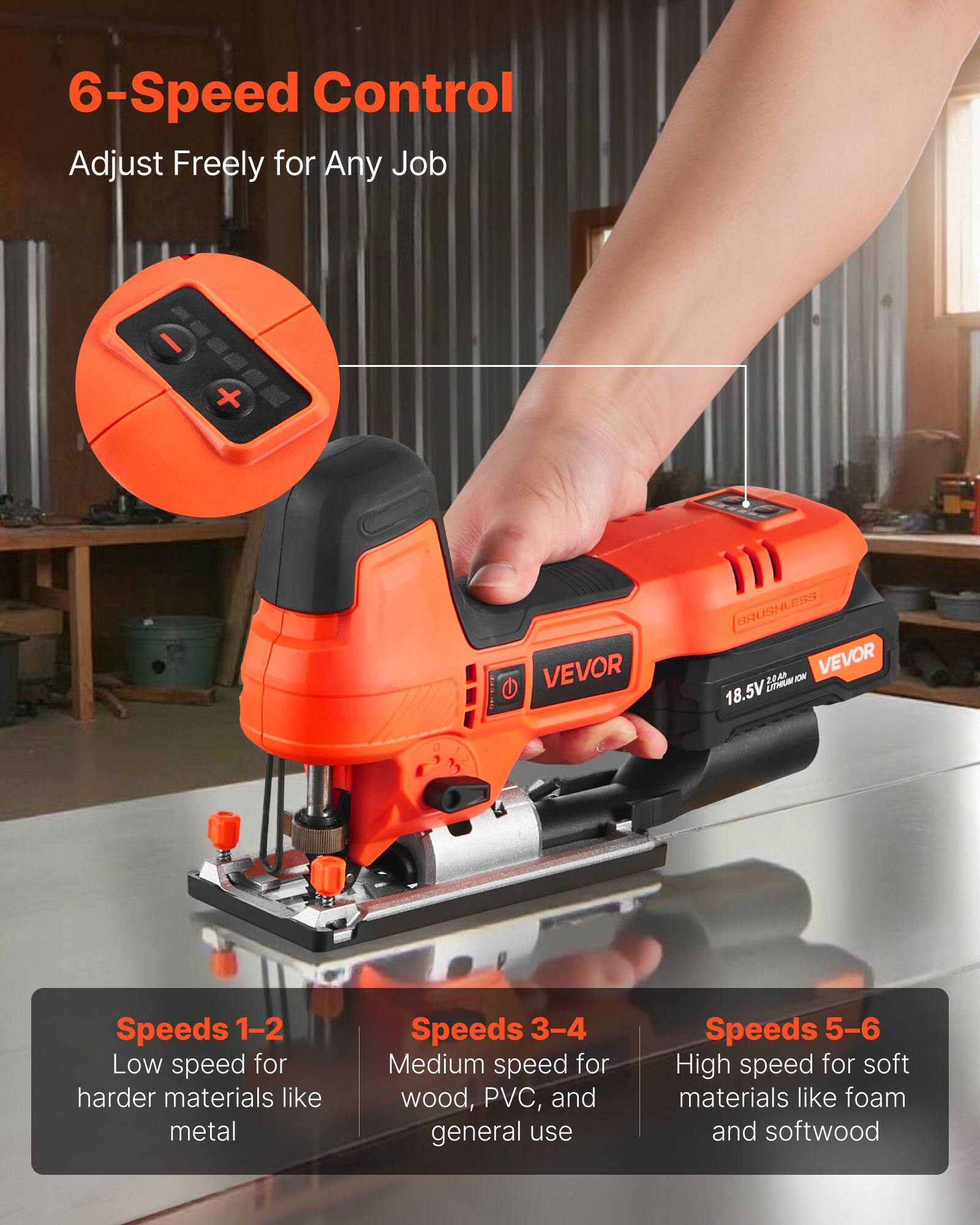 6-Speed Control  
Adjust Freely for Any Job

Speeds 1-2  
Low speed for harder materials like metal

Speeds 3-4  
Medium speed for wood, PVC, and general use

Speeds 5-6  
High speed for soft materials like foam and softwood