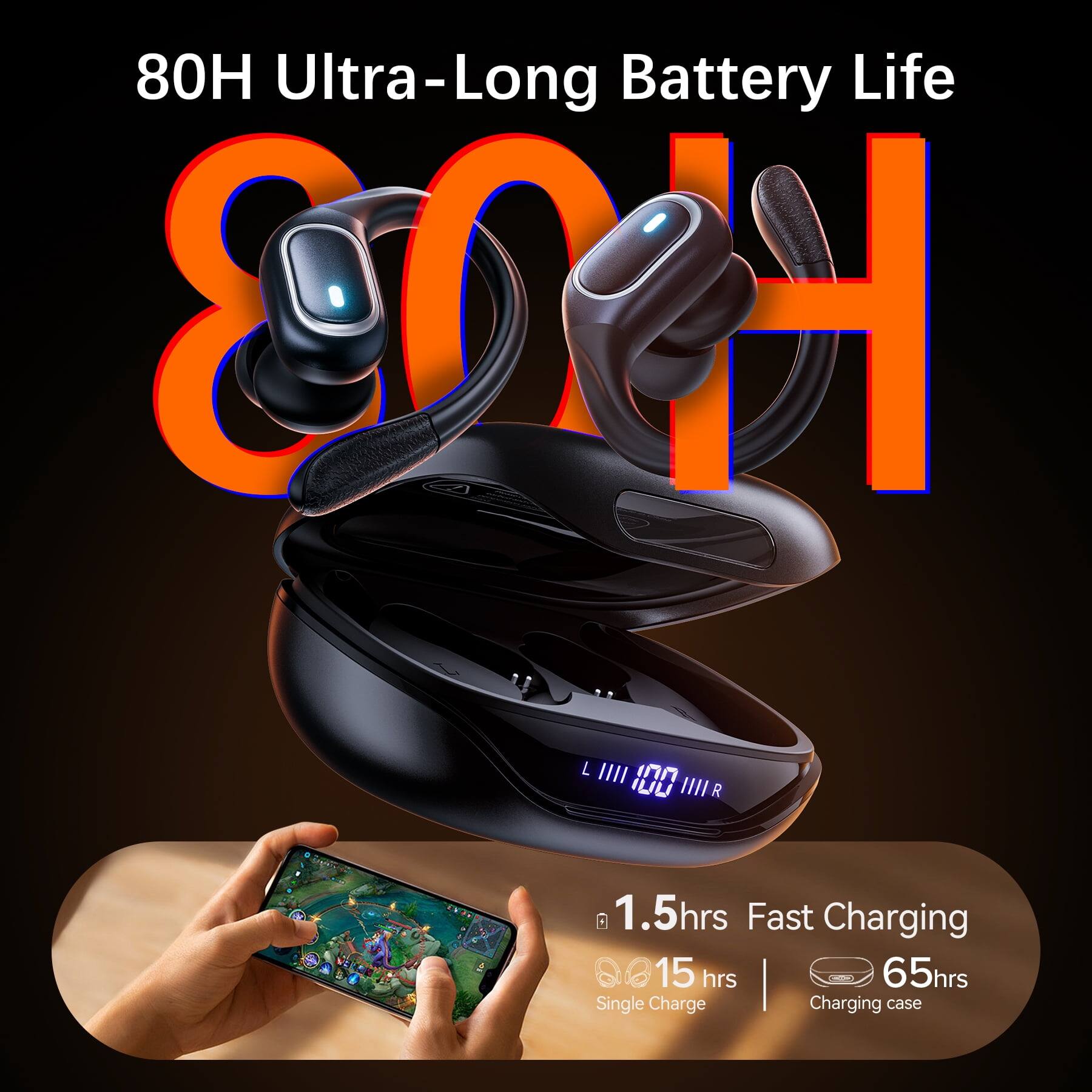 80H Ultra-Long Battery Life

1.5hrs Fast Charging

15hrs Single Charge

65hrs Charging case