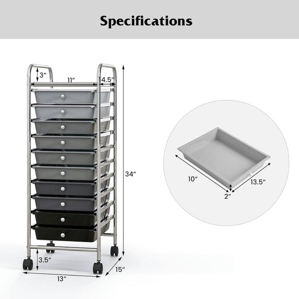 Specifications

- Height: 34"
- Width: 15"
- Depth: 13"
- Drawer Height: 3"
- Drawer Width: 11"
- Drawer Depth: 4.5"
- Drawer Tray Width: 10"
- Drawer Tray Depth: 13.5"
- Drawer Tray Height: 2"
- Wheel Width: 3.5"
