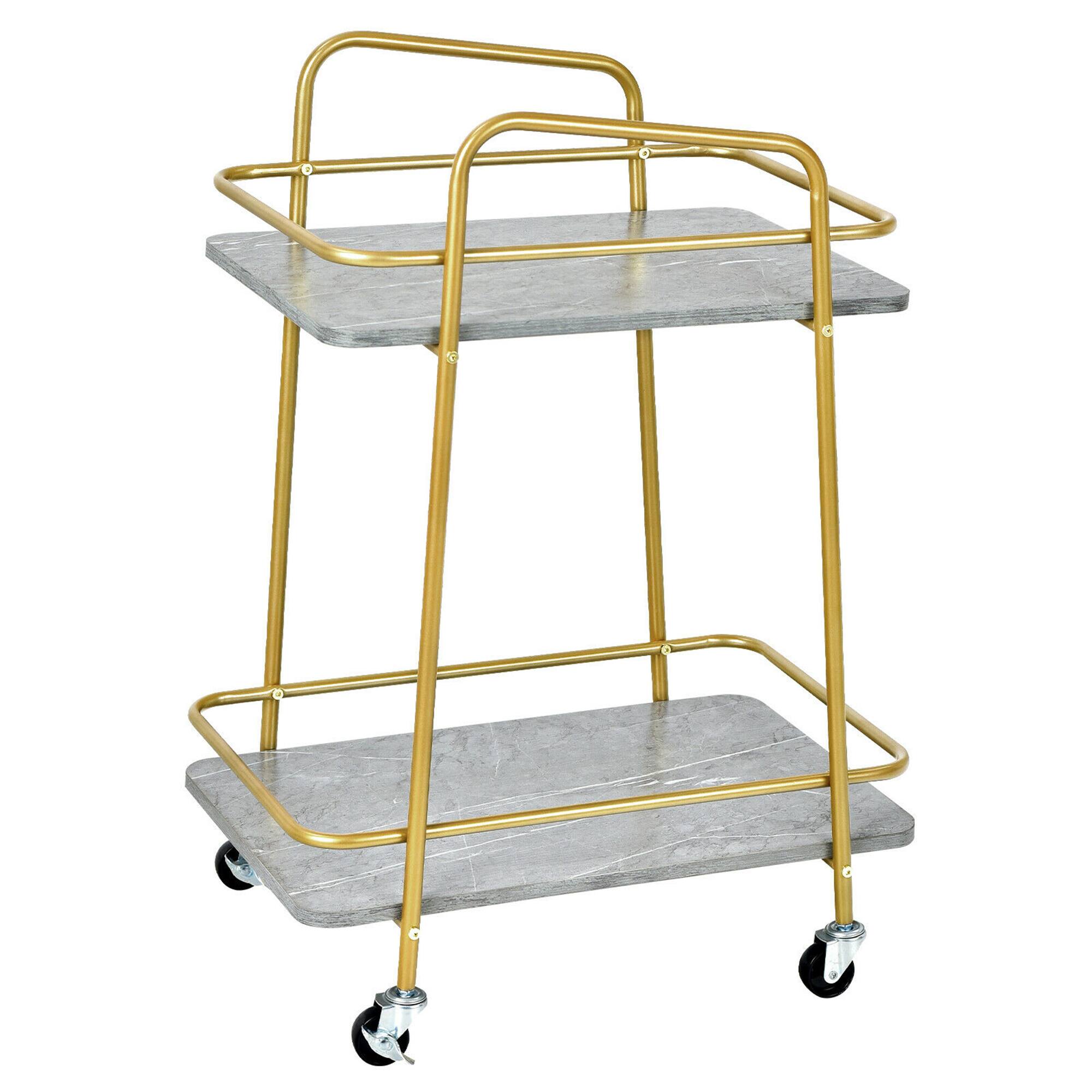 Alt View 9. Gymax - Gymax Gold Serving Cart Utility Trolley on Wheel Rolling Kitchen Rack w/Handle - Grey, Golden.
