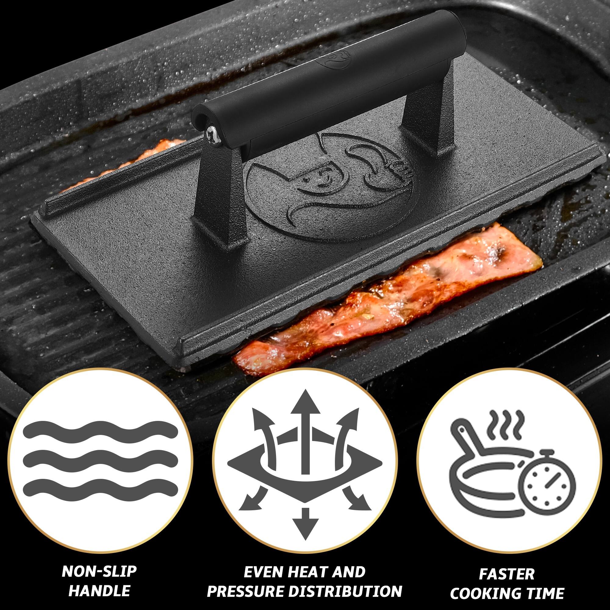 Angle. Gourmet Easy - 3lb Cast Iron Grill Press, Heavy Duty Smash Burger Press for Griddle Heat Resistant Handle, Burger Smasher - Black.
