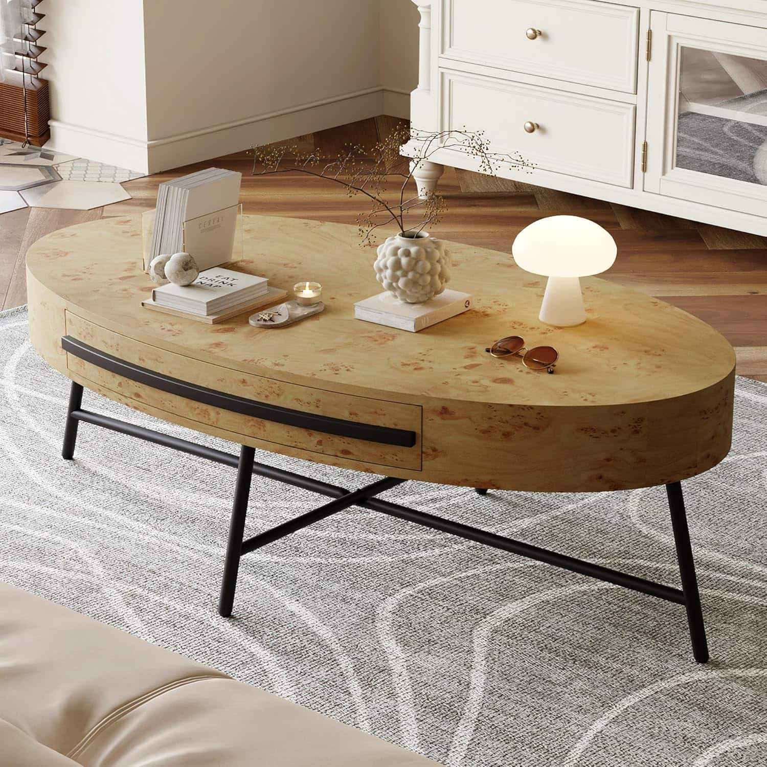 Acekool - Oval Coffee Table with Drawer Mid-Century Modern Center Table 47.2" Wooden Coffee Table with Storage - Yellow