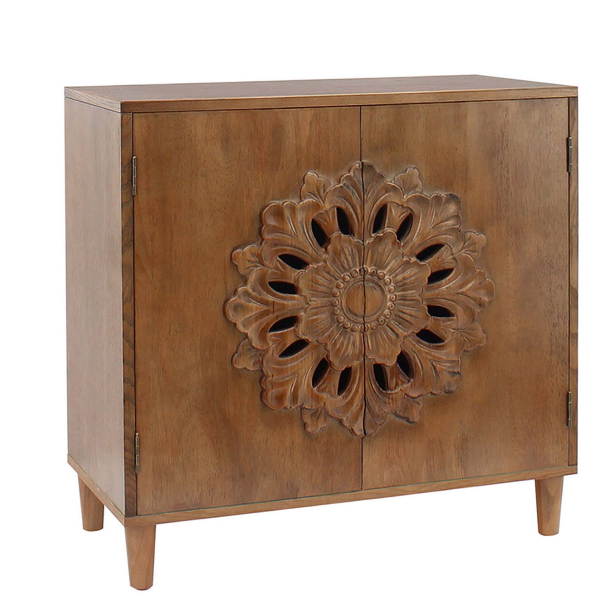 Back. GOODSILO - Hand-Carved Wooden Storage Cabinet with Floral Design - Solid Sideboard for Living Room Entryway Bedroom - Dark Brown.