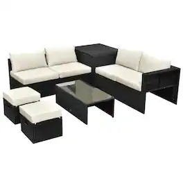 Pefilos - 8 Pieces PE Rattan Storage Table Furniture Set, Space-Saving 8-Piece Modular Set with Rustproof Steel Frame, Patio - White
