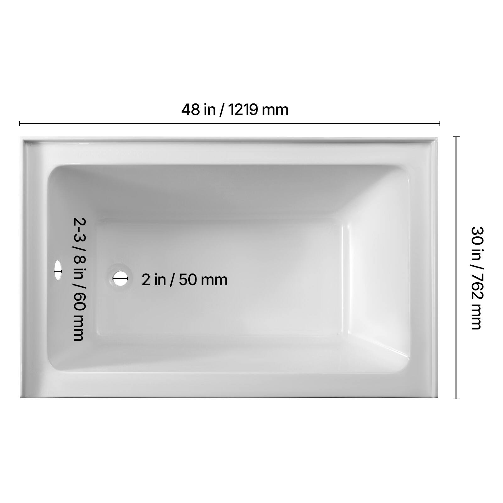 48 in / 1219 mm  
2-3/8 in / 60 mm  
2 in / 50 mm  
30 in / 762 mm