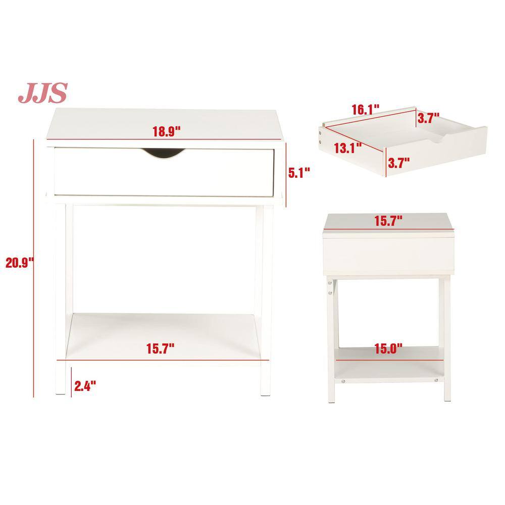 JJS - Bedside Table With Drawer And Storage Shelves - White
