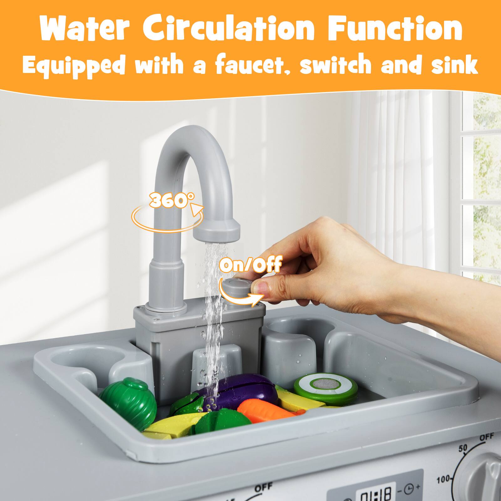 Water Circulation Function  
Equipped with a faucet, switch and sink  

360°  

On/Off  

OFF - OFF + 1 - DIA18 100