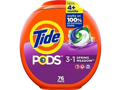 Tide Pods
3-in-1 Spring Meadow
76 Pacs
Lasts 4+ months
Works on 100% of common stains