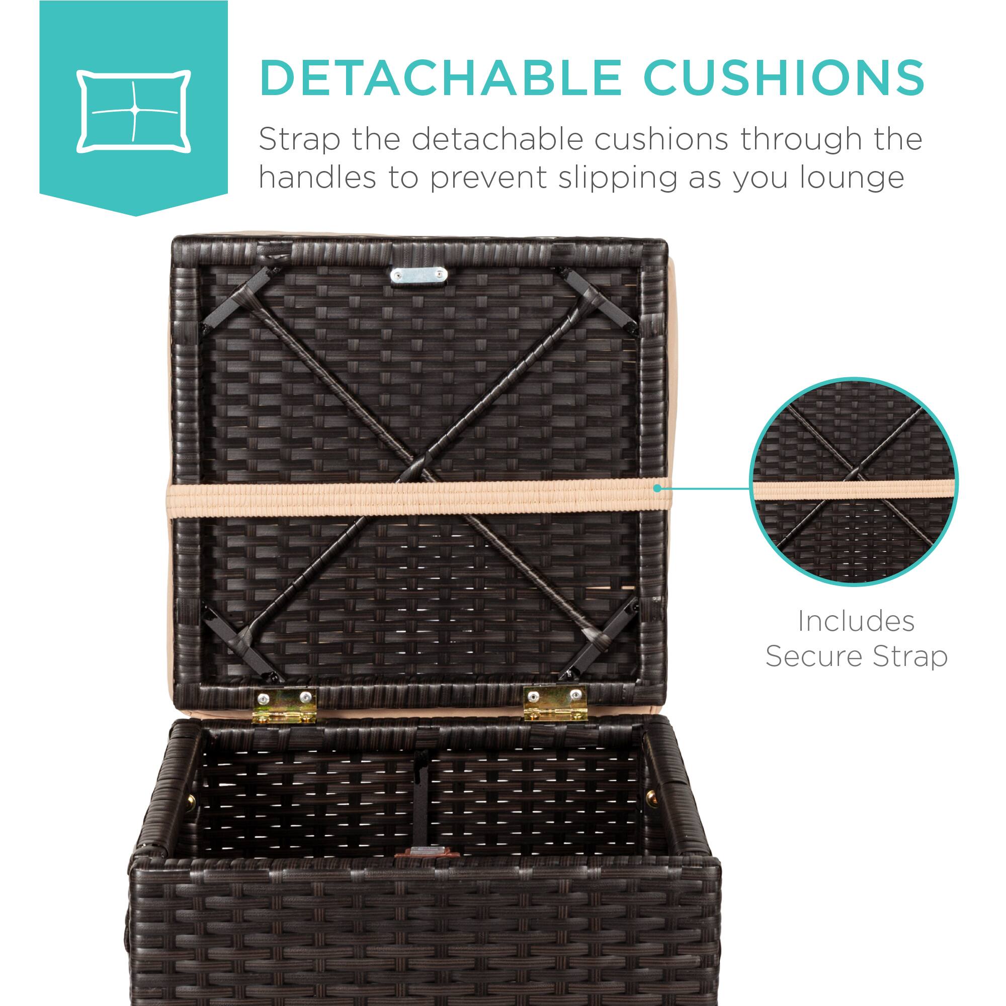 DETACHABLE CUSHIONS  
Strap the detachable cushions through the handles to prevent slipping as you lounge  

Includes Secure Strap