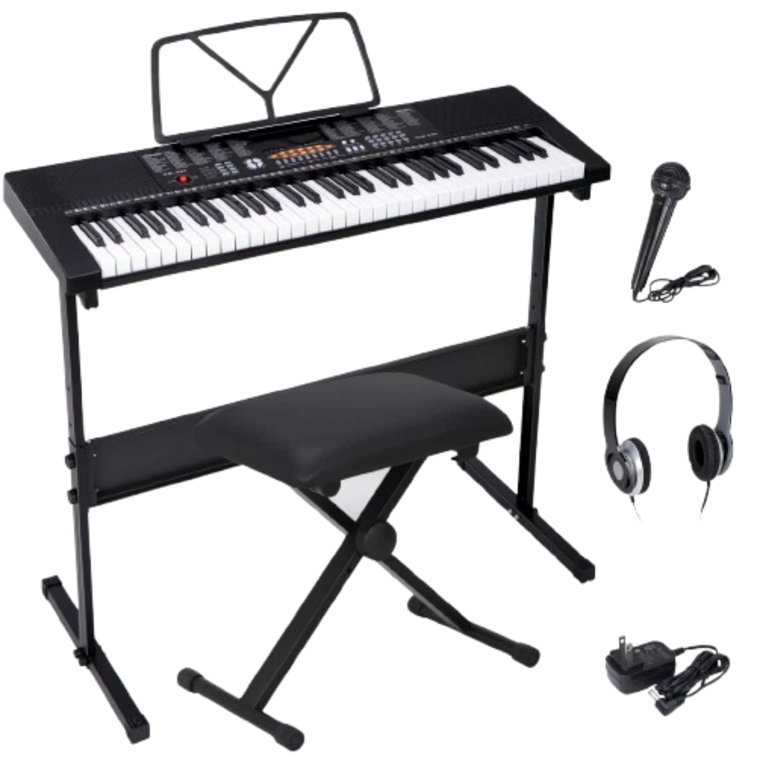 Stock Preferred - 61-Key Electronic Keyboard Piano with Microphone, Stand, Stool, Headphones - Black