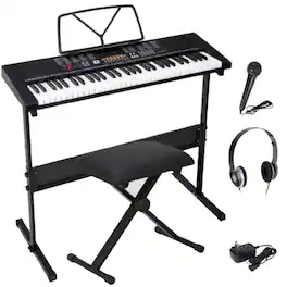 Stock Preferred - 61-Key Electronic Keyboard Piano with Microphone, Stand, Stool, Headphones - Black