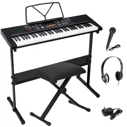 Front. Stock Preferred - 61-Key Electronic Keyboard Piano with Microphone, Stand, Stool, Headphones - Black.