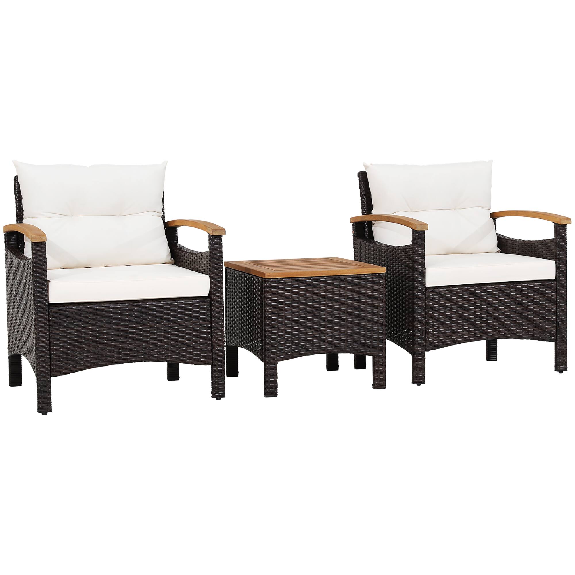 Alt View 7. Gymax - Gymax 3PCS Patio PE Rattan Conversation Furniture Set Bistro Set Acacia Wood Tabletop - Off White.