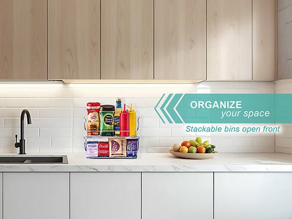 ORGANIZE your space  
Stackable bins open front
