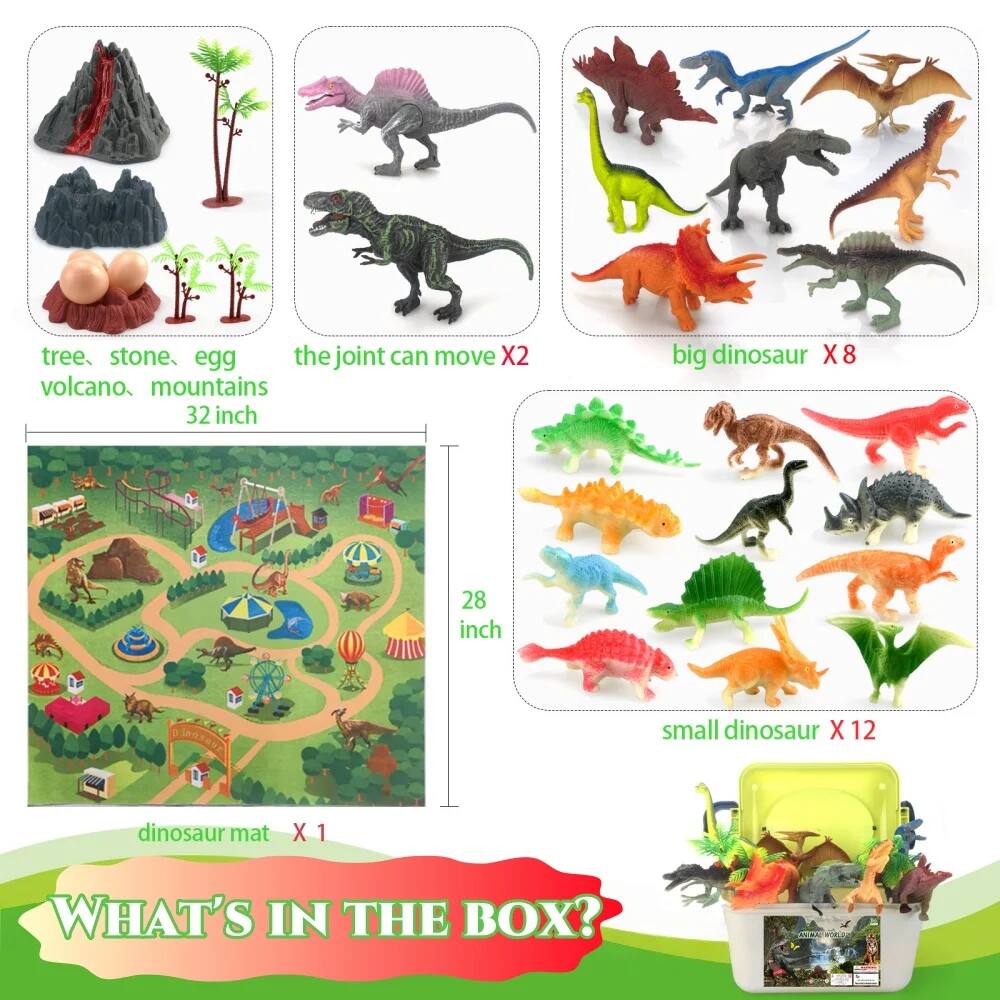 - Tree, stone, egg, volcano, mountains (32 inch)
- The joint can move X2
- Big dinosaur X8
- Small dinosaur X12
- Dinosaur mat X1
- 28 inch
- What's in the box?