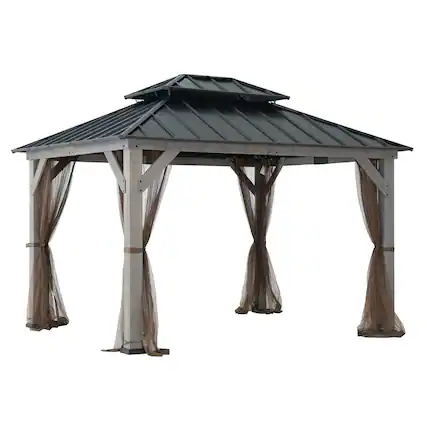 Front. SUNJOY - 10 ft. x 12 ft. Cedar Wood Gazebo with Galvanized Steel Roof - Gray.