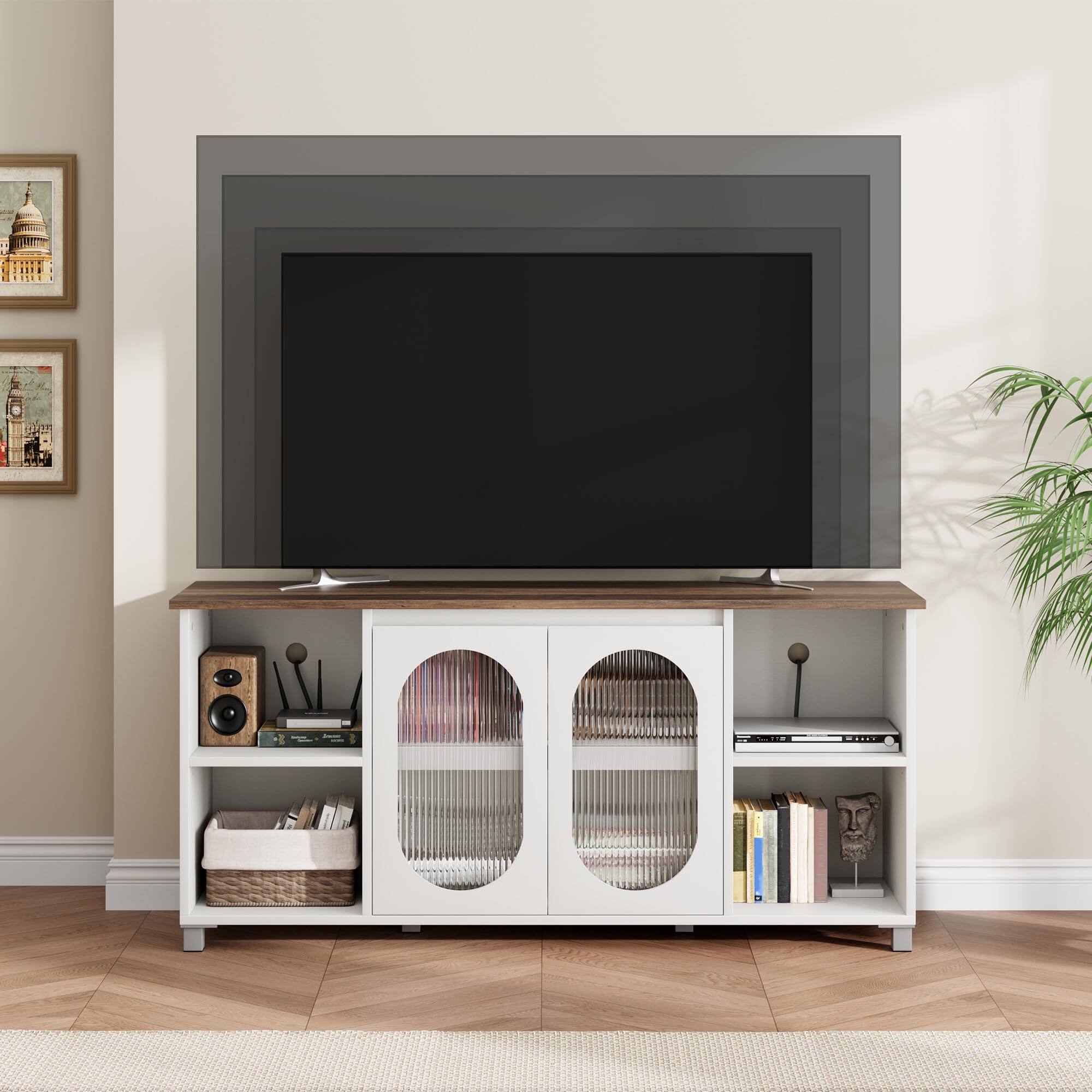 Left. Qeetex - 62.6" Modern TV Stand for 70 Inch TV, Corrugated Glass Doors, 4 Open Shelves & 2 Storage Cabinets - White.