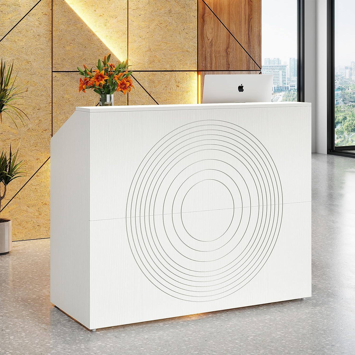 Front. Tribesigns - Office Reception Desk with Engineered Wood Construction, for Front Desk Work in Reception Areas and Shared Workspaces - White.