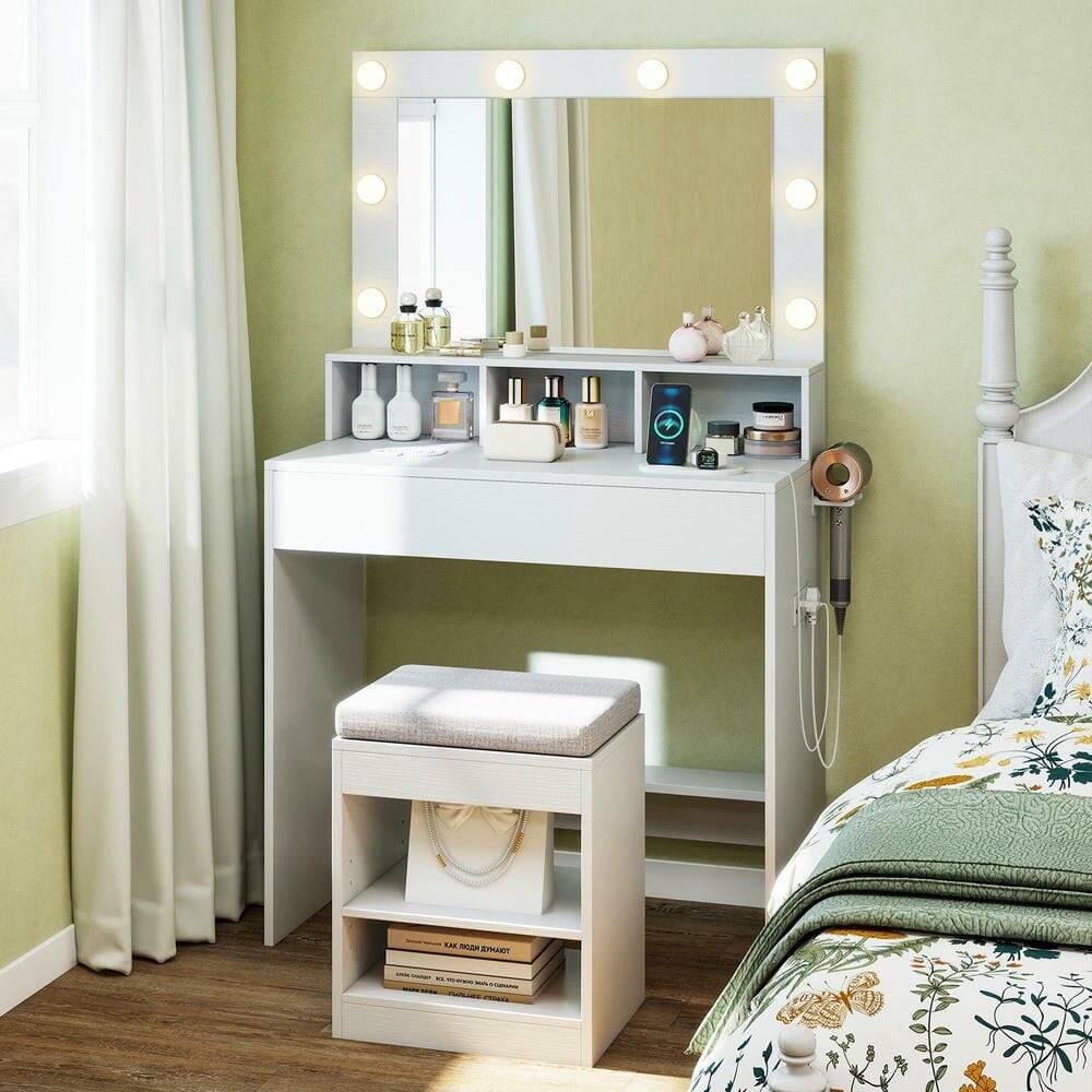 Alt View 4. Kadyn - 31.5" Vanity Desk - 3 Lighting Modes, Storage Shelves, Compact Bedroom Vanity - White - White.