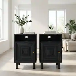 Loheer - Nightstand Set of 2 with Charging Station, Storage Cabinet and Solid Wood Legs - Black