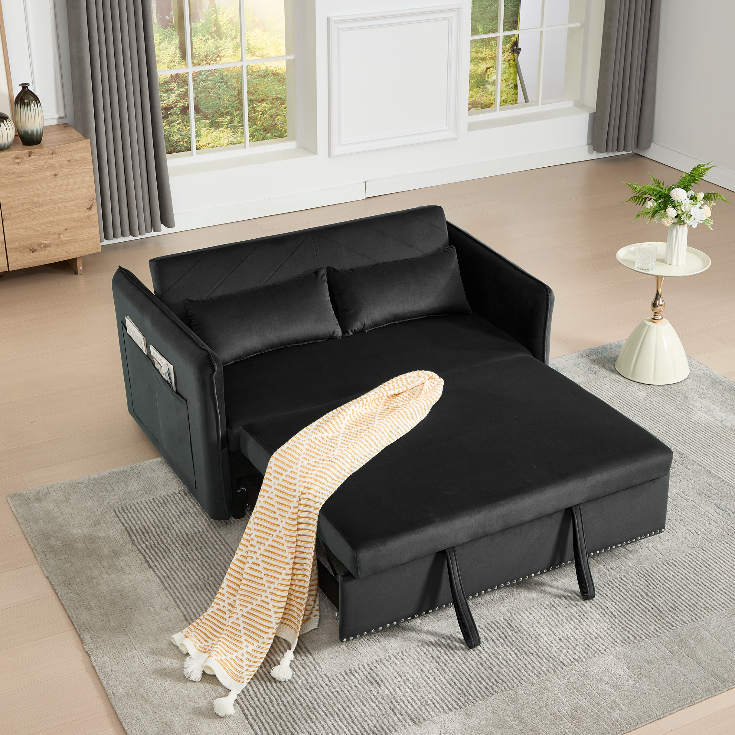 Angle. Tiramisubest - 3 in 1 Convertible Sleeper Futon Sofa Bed,55" Velvet Loveseat with 2 Pillows,Reclining Backrest & Side Pockets,Black - Black.