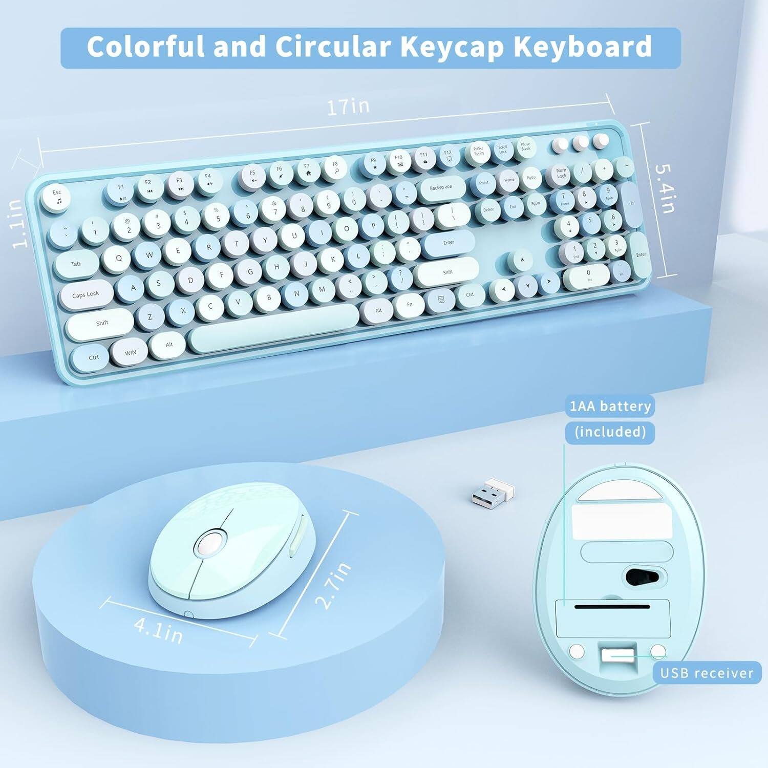 Colorful and Circular Keycap Keyboard

17in x 5.4in x 1.1in

1AA battery (included)

USB receiver

4.1in x 2.7in