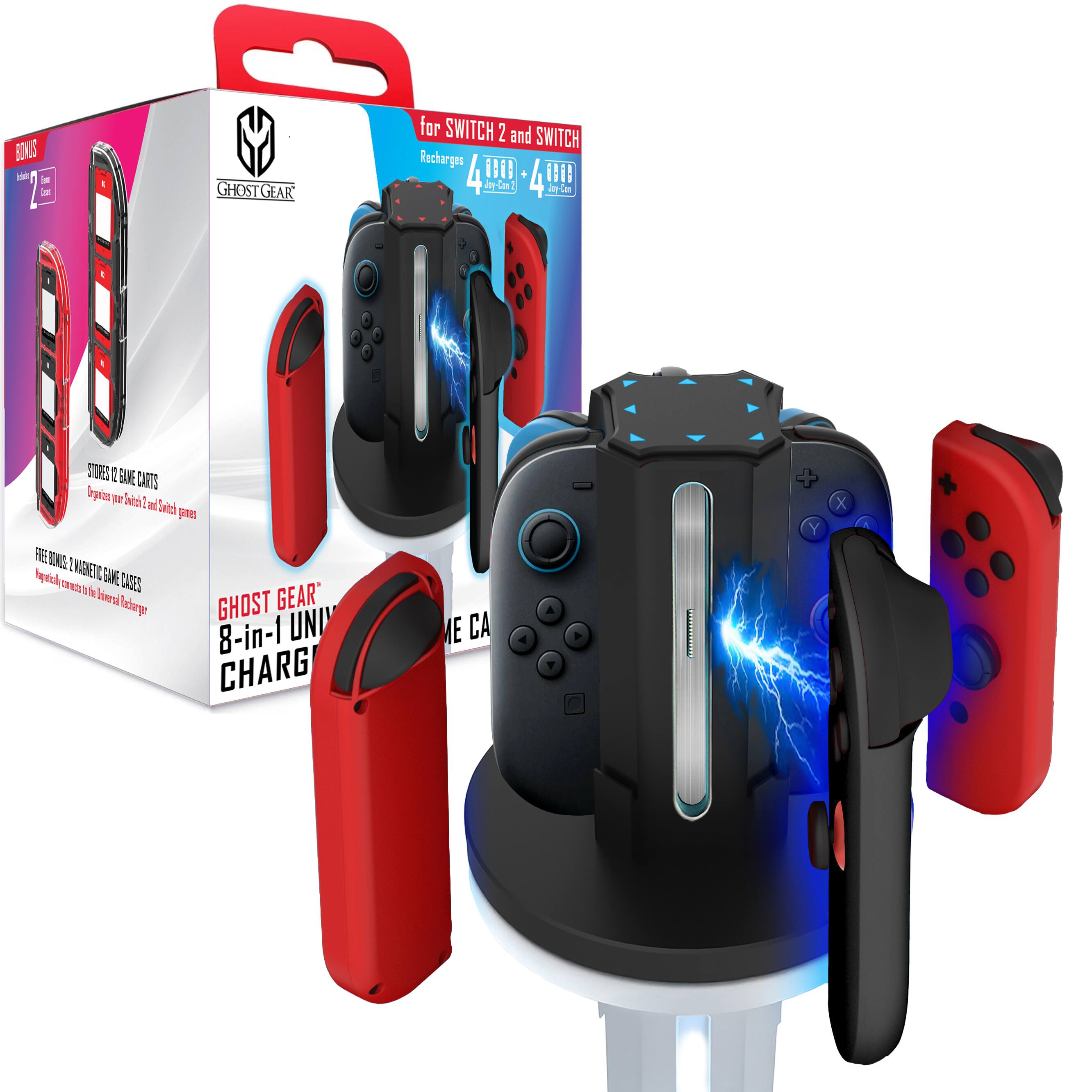 Sure, here is the corrected and grouped text from the image:

---

**GHOST GEAR**

**8-in-1 UNIVERSAL CHARGER**

**for SWITCH 2 and SWITCH**

- **4** Recharges
- **4** Game Cards

**BONUS**

- **2** Game Card Cases

**STORES 2 GAME CARDS**

- Organizes your Switch 2 and Switch games

**FREE GHOST GEAR GAME CASES**

- Accommodates up to 4 game cards

**GHOST GEAR**

**8-in-1 UNIVERSAL CHARGER**

---

This text is organized to reflect the product's features and benefits as shown on the packaging.