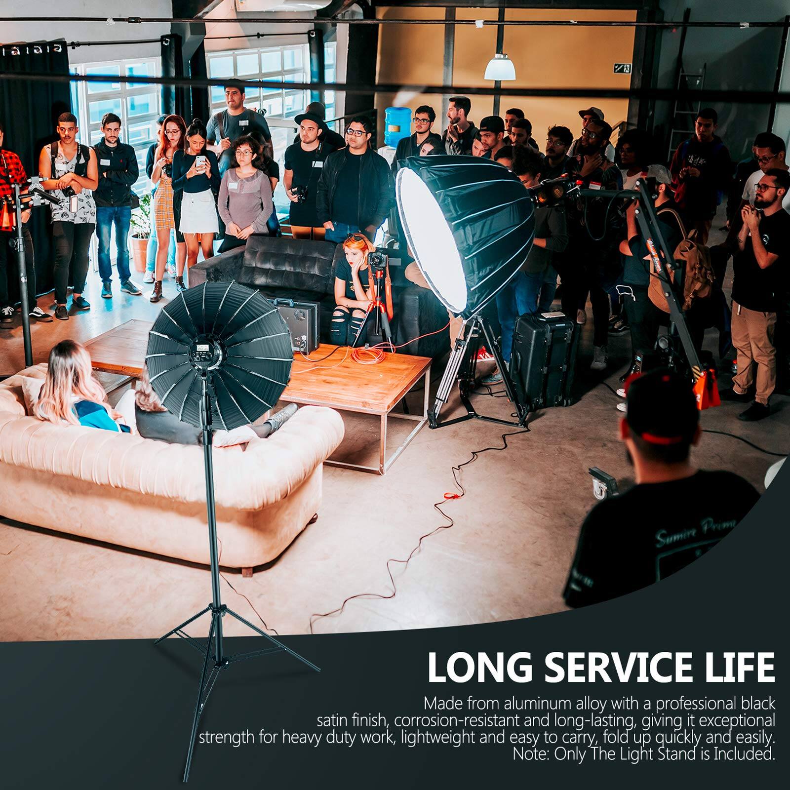 LONG SERVICE LIFE

Made from aluminum alloy with a professional black satin finish, corrosion-resistant and long-lasting, giving it exceptional strength for heavy duty work, lightweight and easy to carry, fold up quickly and easily. Note: Only The Light Stand is Included.