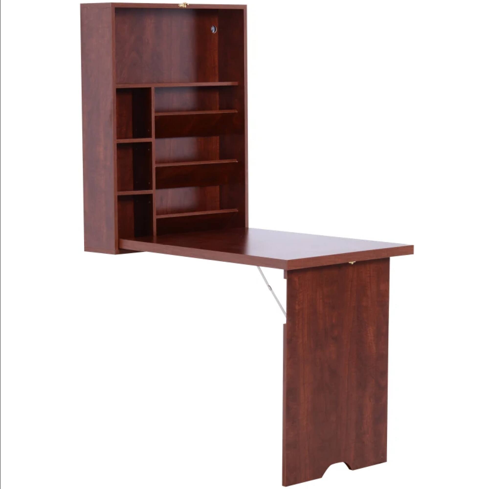 Angle. GOODSILO - Space Saving Wall Mounted Fold Out Desk with Adjustable Shelves and Storage Compartments for Home Office - Mahogany.