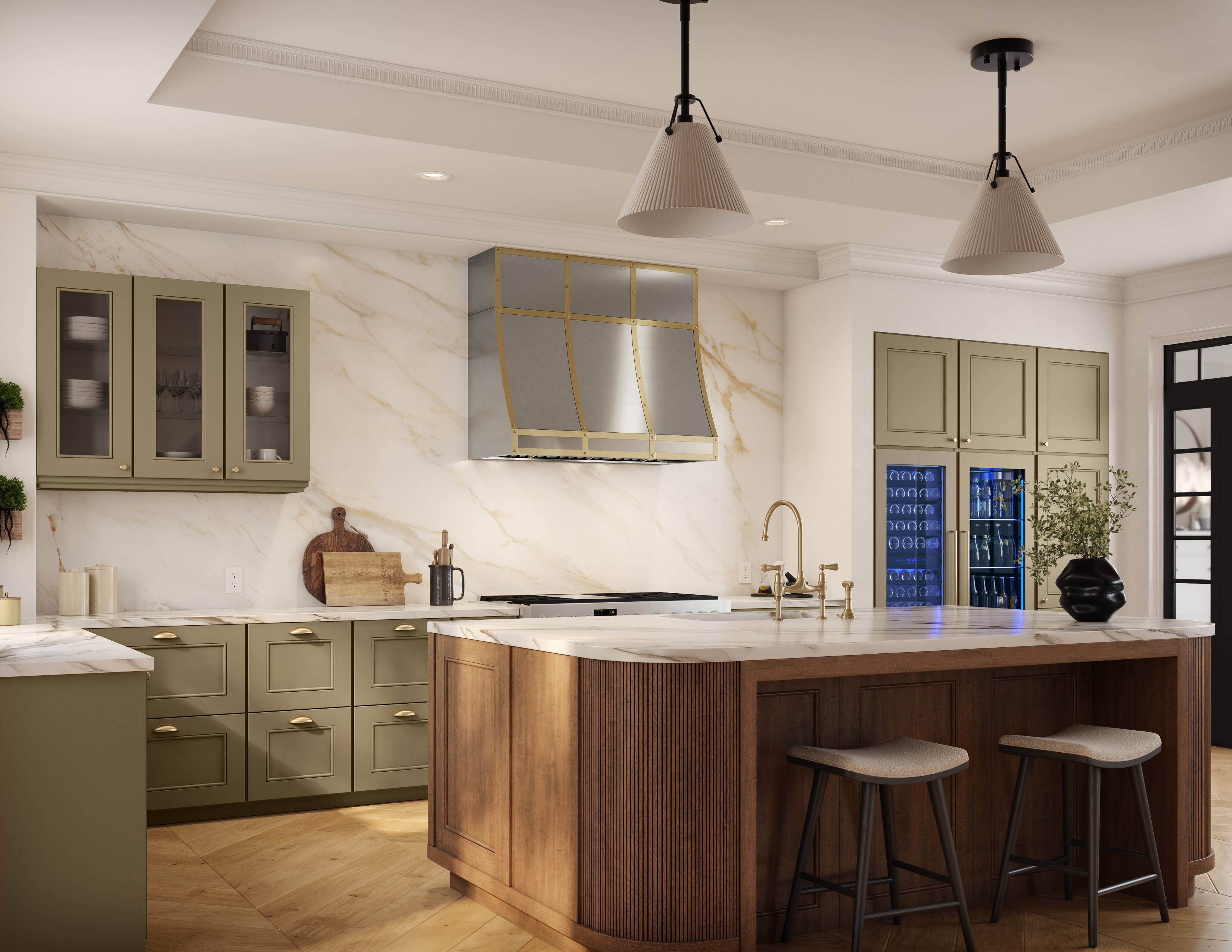 The image shows a large kitchen with a center island and a sink. The kitchen is equipped with a refrigerator, an oven, and a microwave. There are three stools placed around the island, providing seating for people to enjoy meals or socialize. The kitchen also features a marble countertop and a marble backsplash, adding to its elegant and sophisticated appearance.