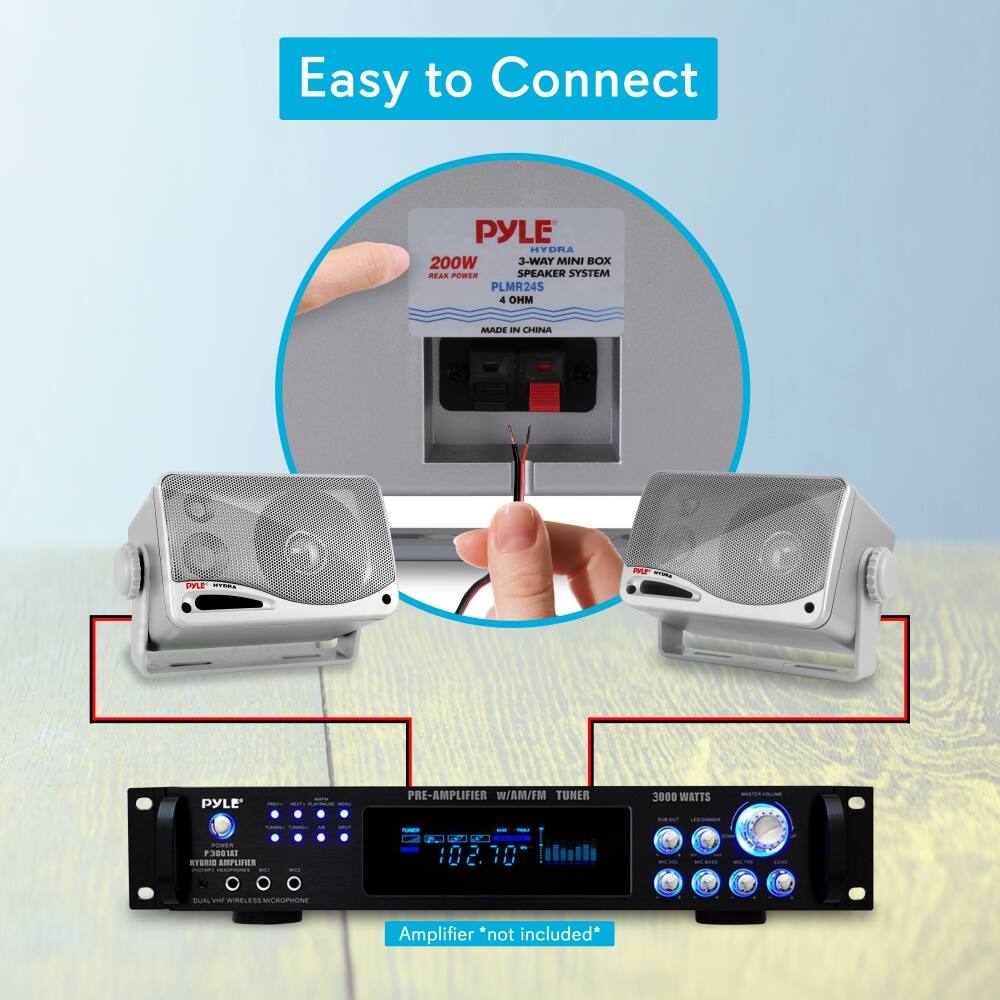 Easy to Connect

PYLE HYDRA 3-WAY MINI BOX SPEAKER SYSTEM PLMR24S 4 OMM MADE IN CHINA

PYLE 200W PEAK POWER

PYLE PRE-AMPLIFIER W/AM/FM TUNER 3000 WATTS

Amplifier not included*
